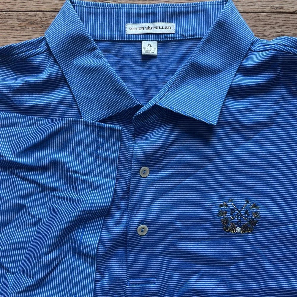 Peter Millar Shirt Mens‎ XL Blue White Striped Polo Golf Logo Casual